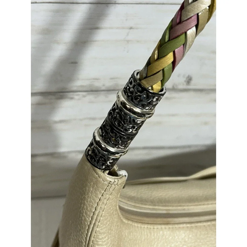 BRIGHTON Ivory Pebbled Leather Multi-Color Woven Shoulder Strap Bag Purse vtg.